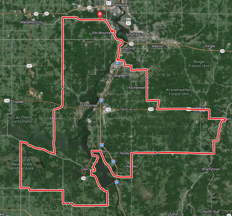 map showing the 100-mile bike route for the grand fondo